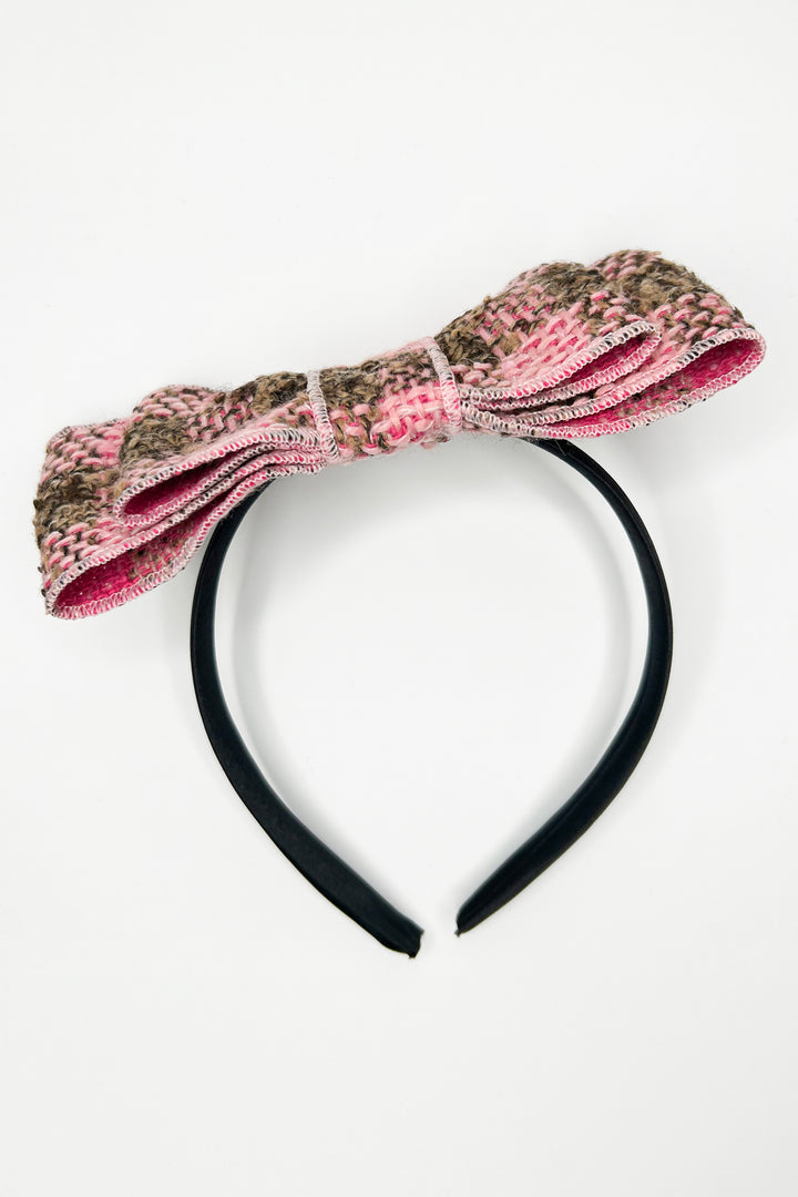 Phi Pink & Beige Tweed Bow Headband | Millie and John