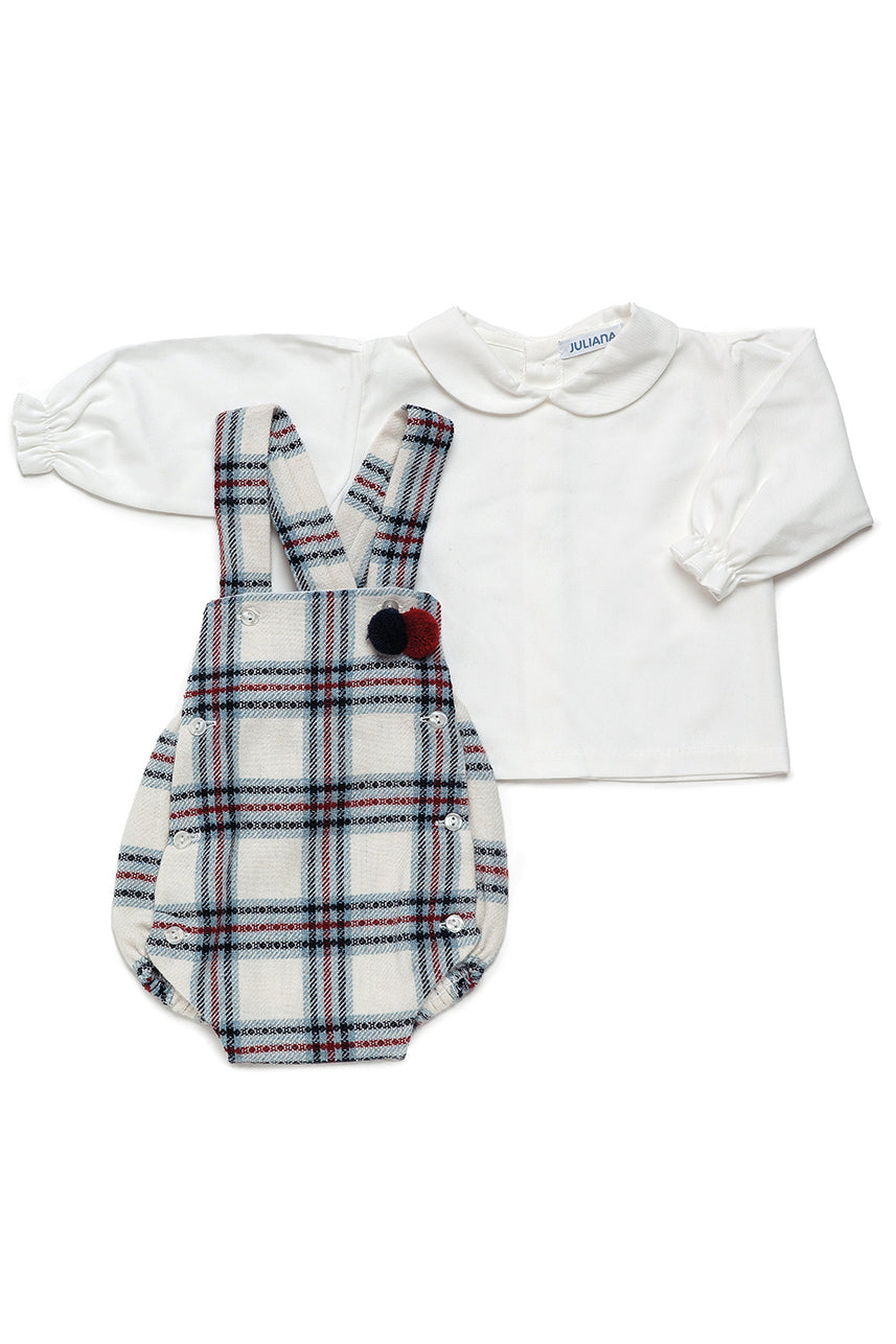 Juliana "Armant" Ivory, Blue & Red Tartan Shirt & Dungaree Romper | Millie and John