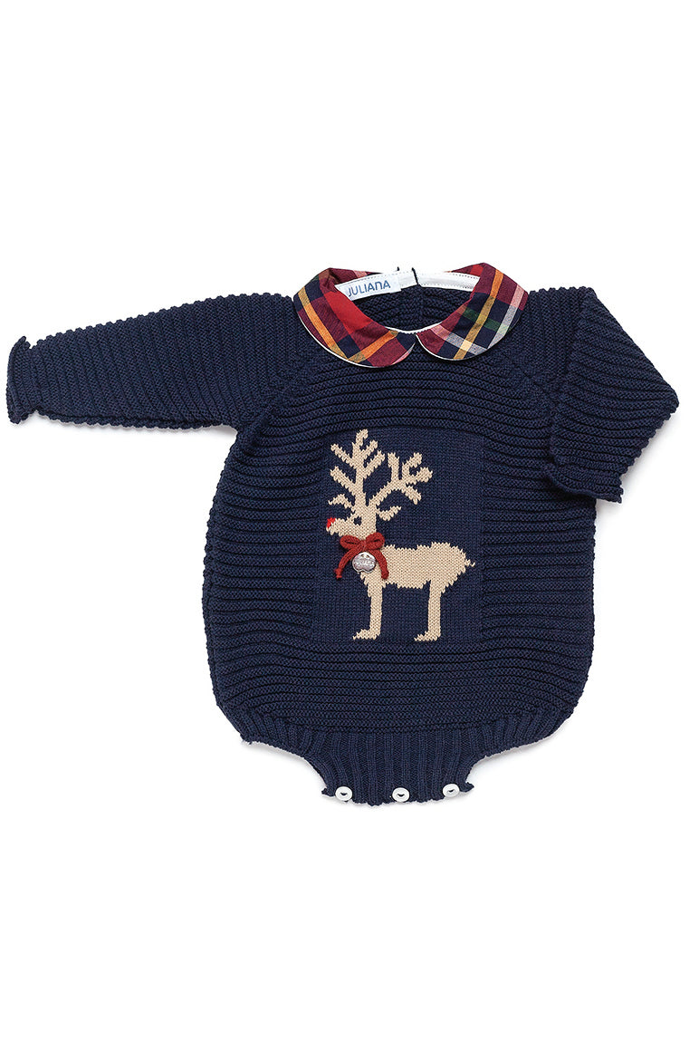 Juliana "Harry" Navy Tartan Knit Reindeer Romper | Millie and John