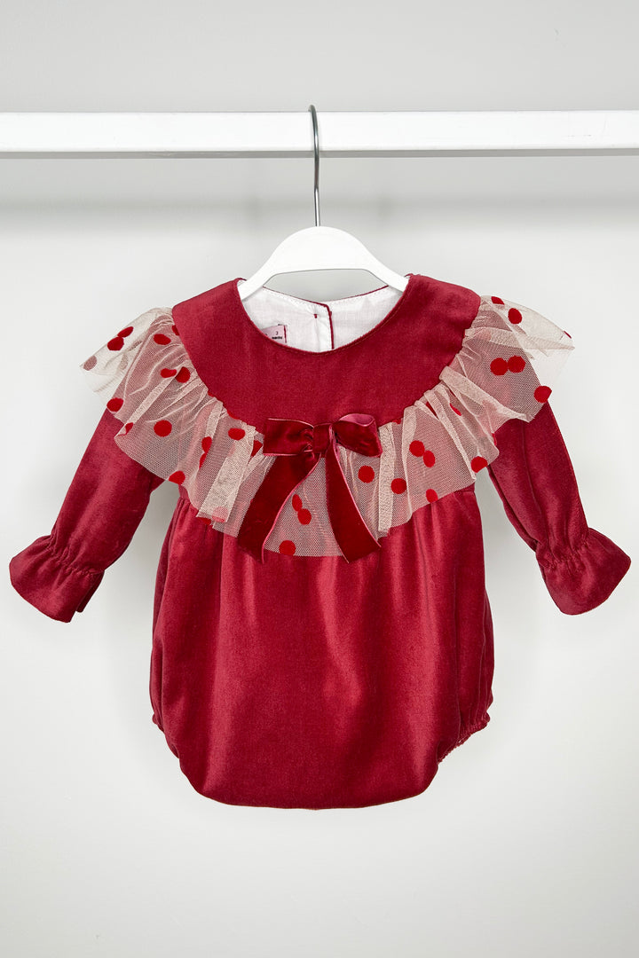 Phi "Valentina" Burgundy Velvet Tulle Romper | Millie and John