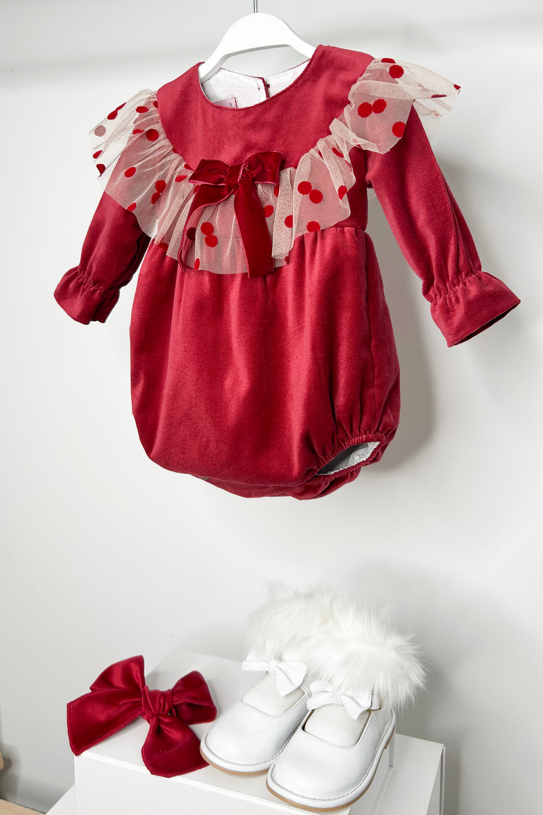 Phi "Valentina" Burgundy Velvet Tulle Romper | Millie and John