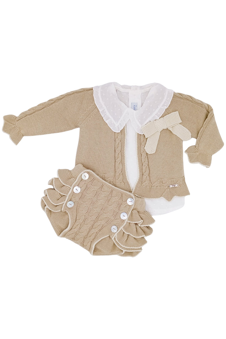 Rahigo "Tilly" Camel & Cream Cable Knit Cardigan, Blouse & Bloomers | Millie and John