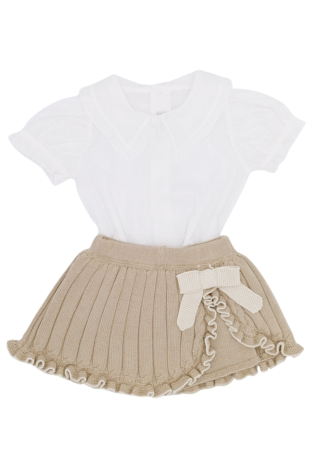 Rahigo "Charlotte" Camel & Cream Cable Knit Cardigan, Blouse & Skort | Millie and John
