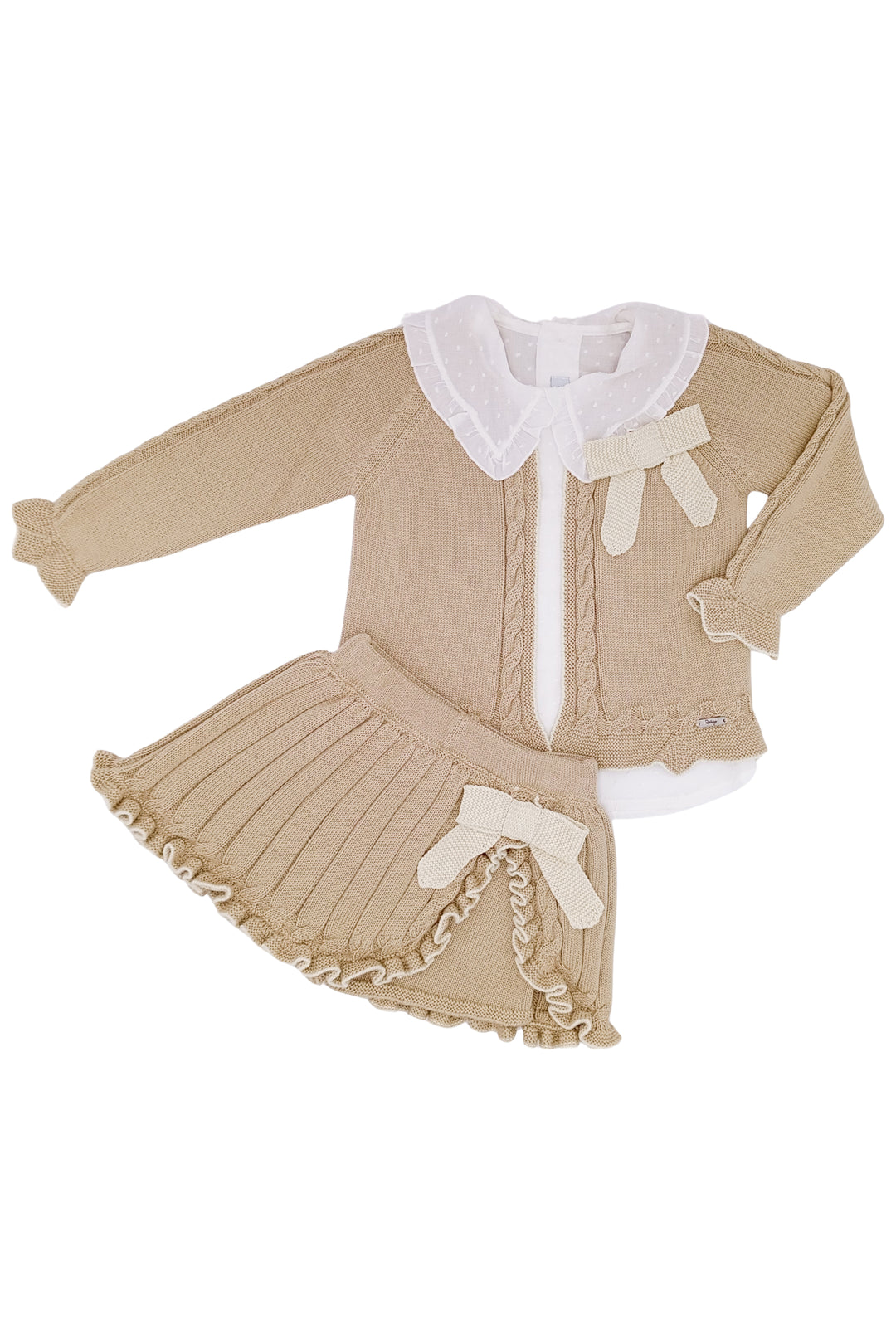 Rahigo "Charlotte" Camel & Cream Cable Knit Cardigan, Blouse & Skort | Millie and John