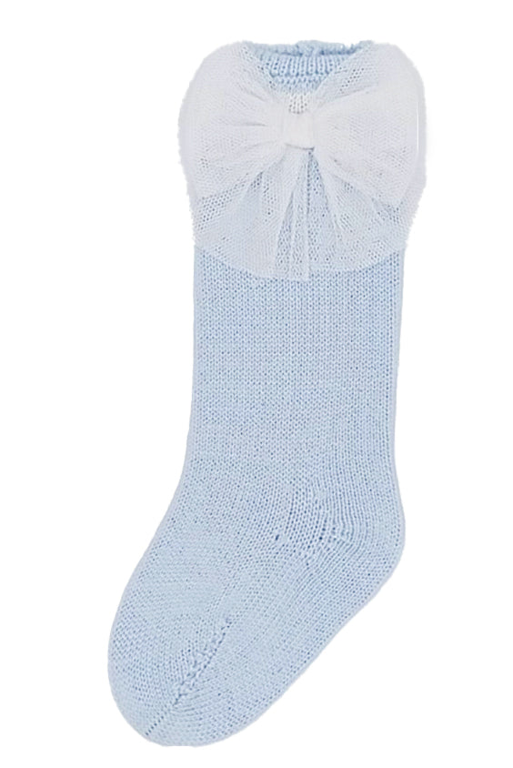 Baby Blue Gingham Tulle Bow Knee High Socks