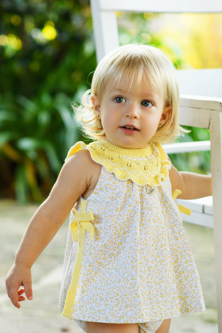 Foque "Tahlia" Lemon Half Knit Floral Dress & Bloomers | Millie and John