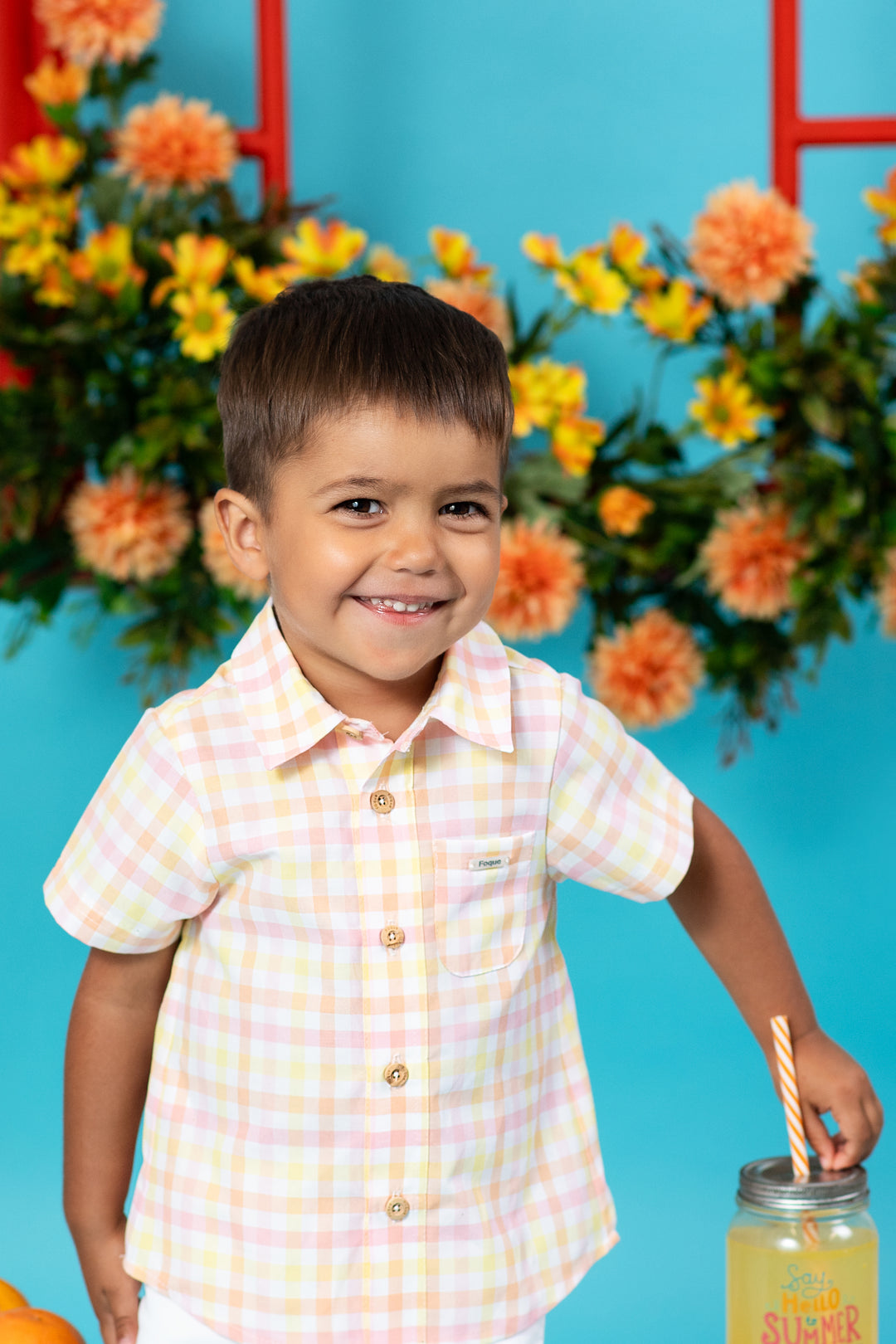Foque "Orion" Orange, Pink & Lemon Gingham Shirt & Shorts | Millie and John