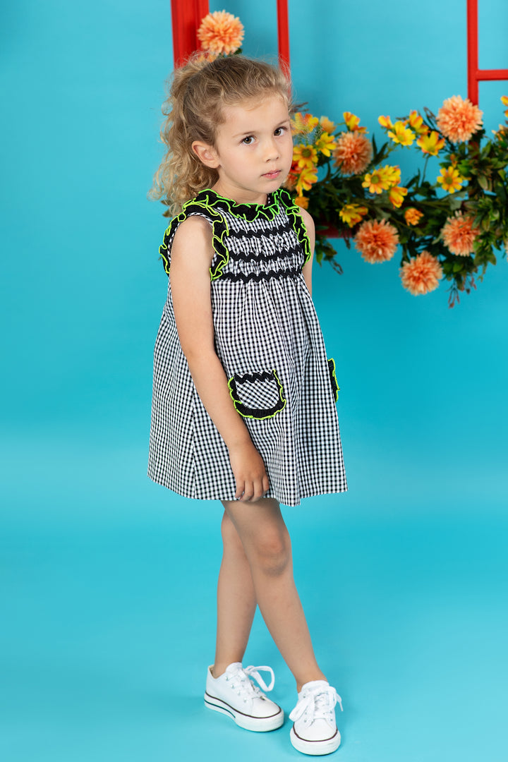 Foque "Roxie" Black Gingham & Neon Lime Dress | Millie and John