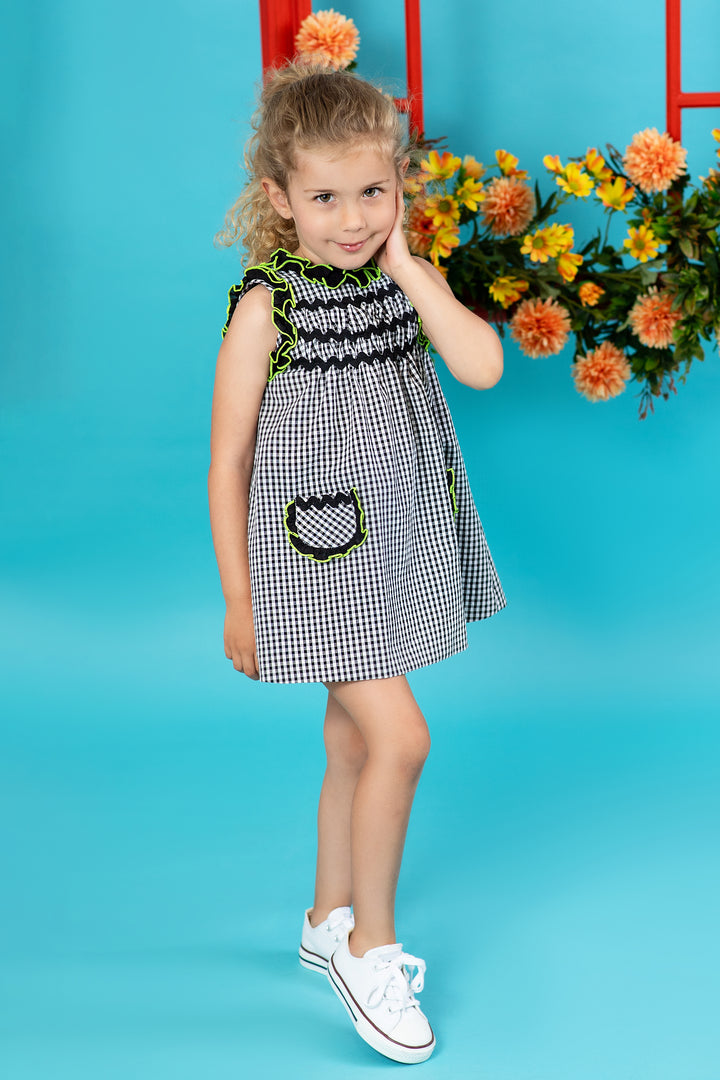 Foque "Roxie" Black Gingham & Neon Lime Dress | Millie and John