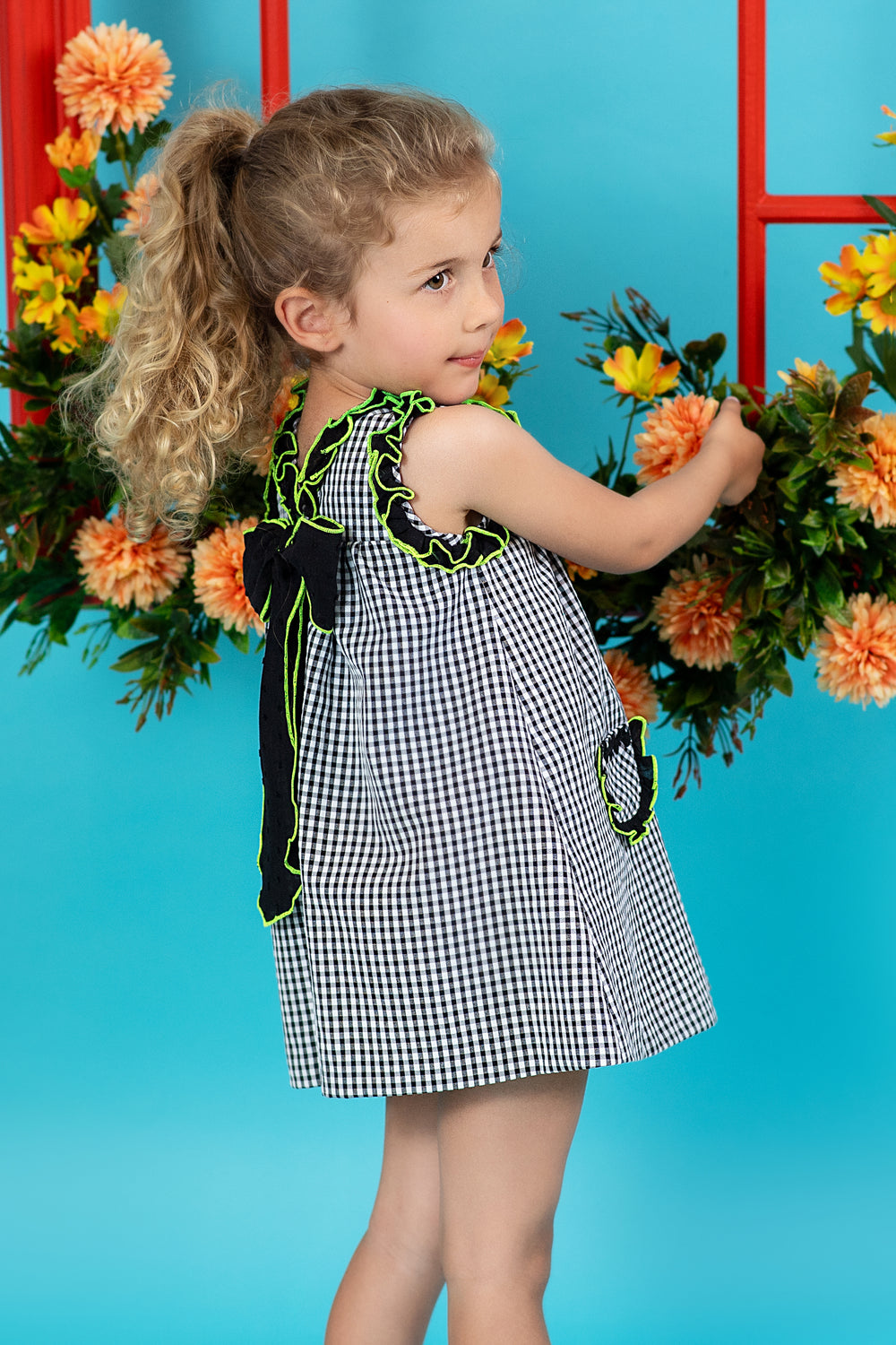 Foque "Roxie" Black Gingham & Neon Lime Dress | Millie and John