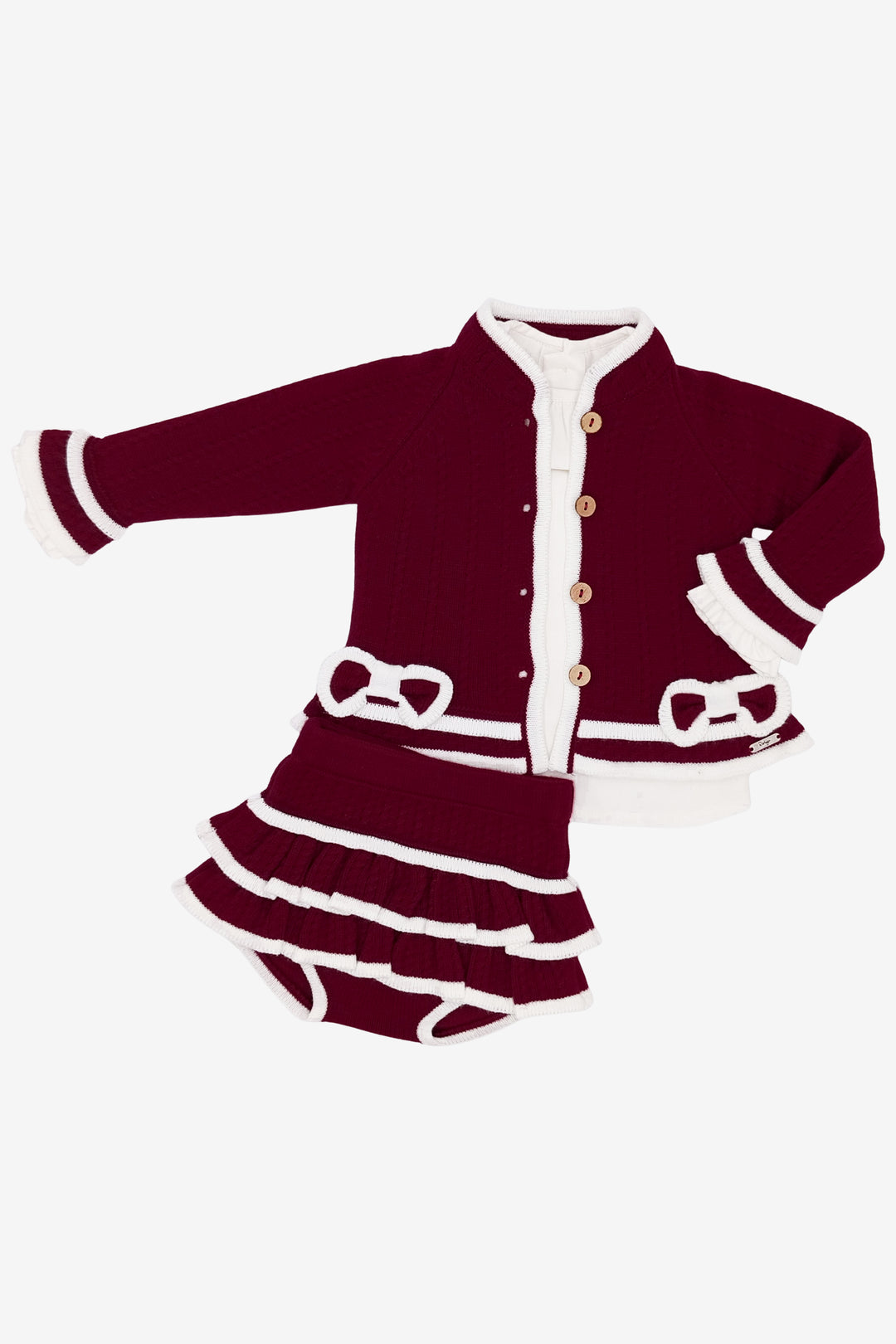 "Eliza" Burgundy & White Knitted Cardigan, Blouse & Bloomers