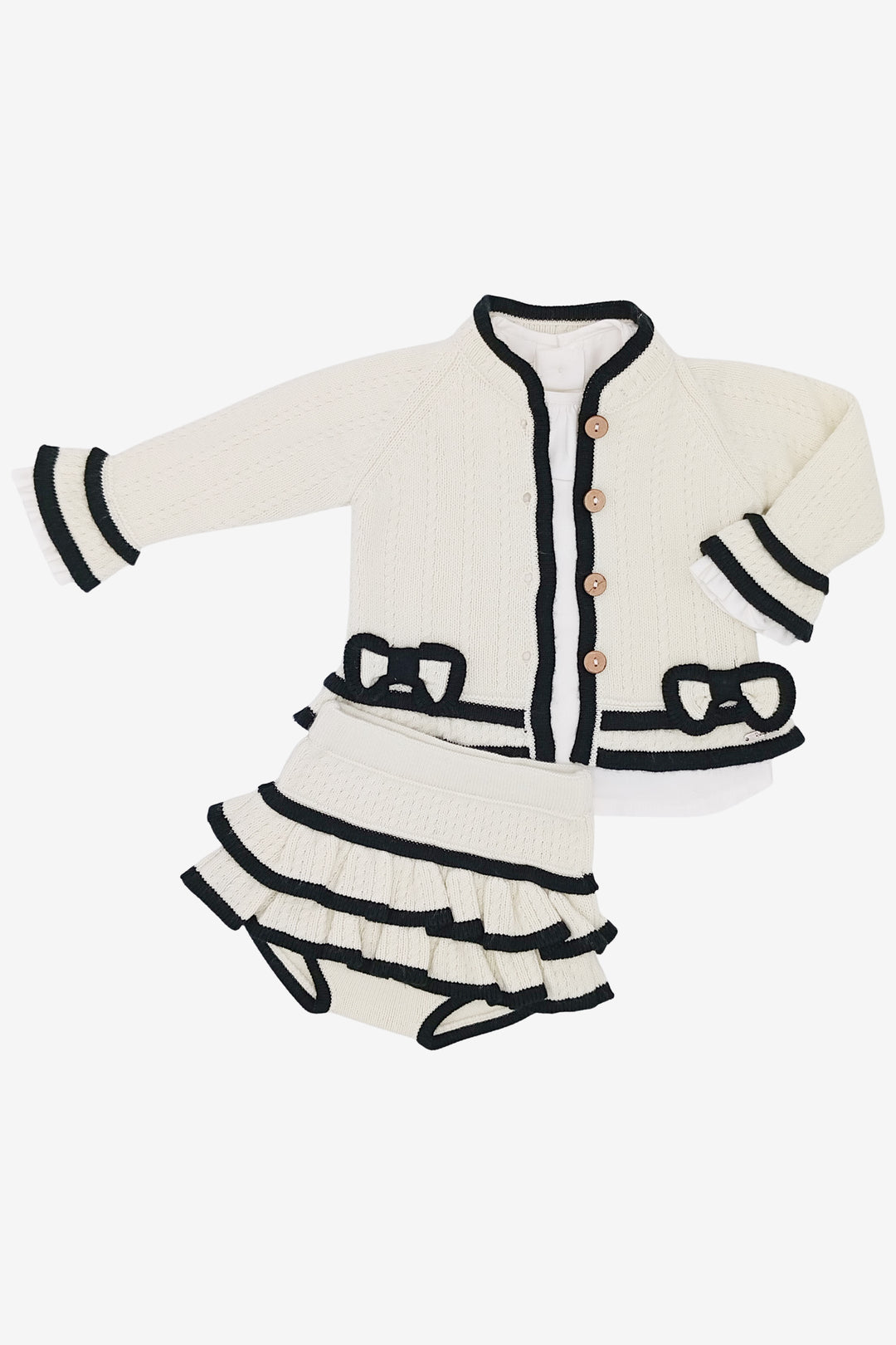 "Eliza" Ivory & Black Knitted Cardigan, Blouse & Bloomers