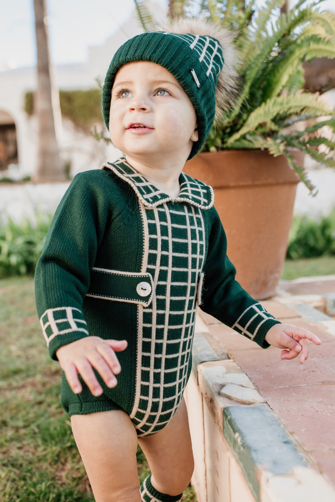 Rahigo "Joss" Bottle Green & Camel Check Knit Romper | Millie and John
