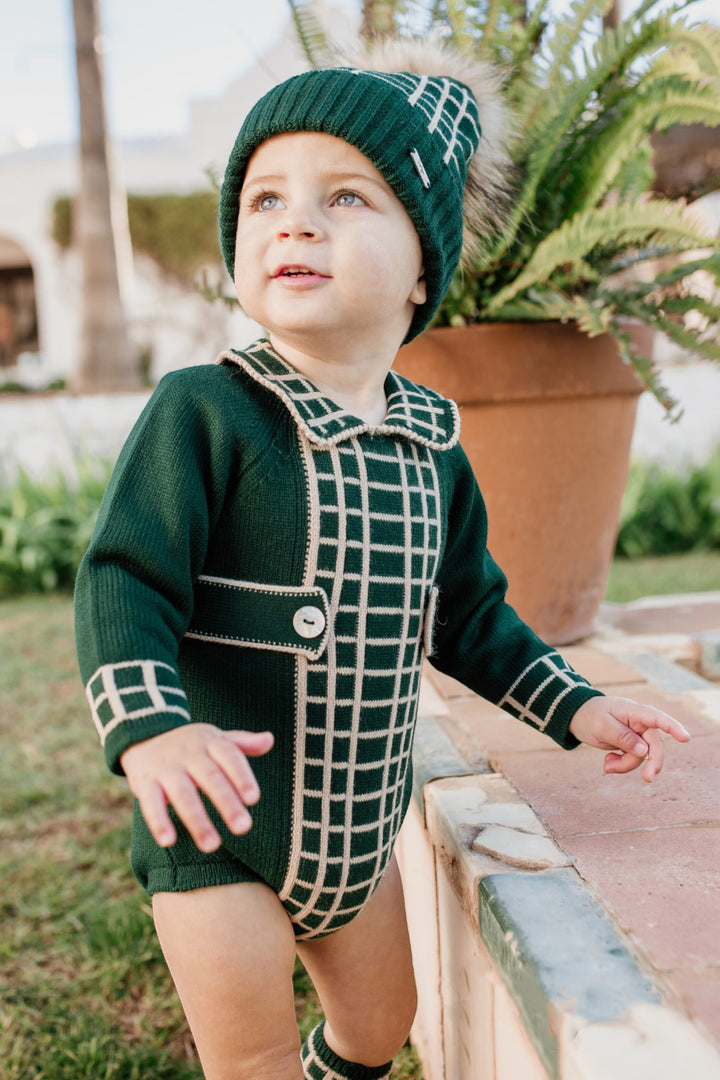 Rahigo "Joss" Bottle Green & Camel Check Knit Romper | Millie and John