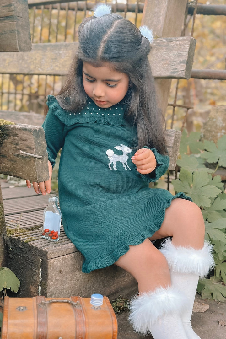 Granlei "Cora" Bottle Green Knit Bambi Dress | Millie and John