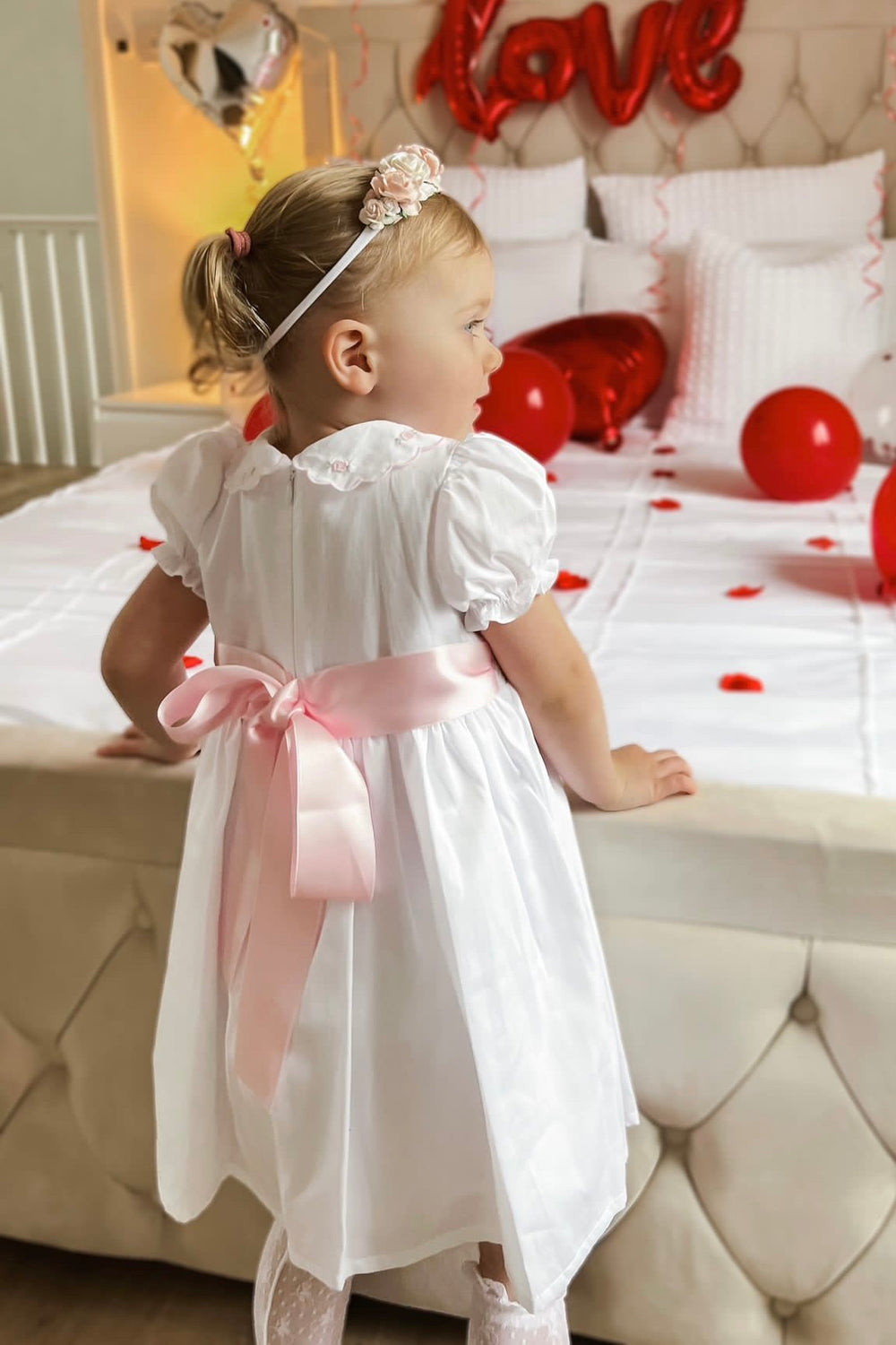 Deolinda "Cassie" White & Pink Smocked Rose Dress | Millie and John