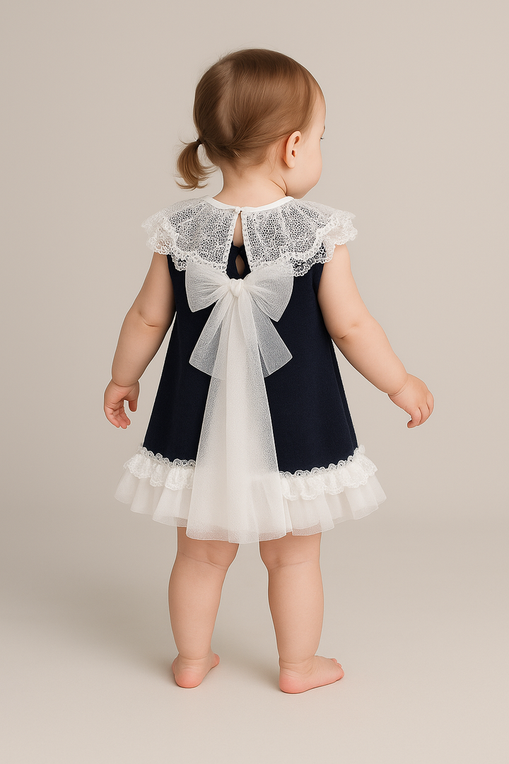 Granlei "Eleonora" Navy Knitted Lace & Tulle Bow Dress | Millie and John