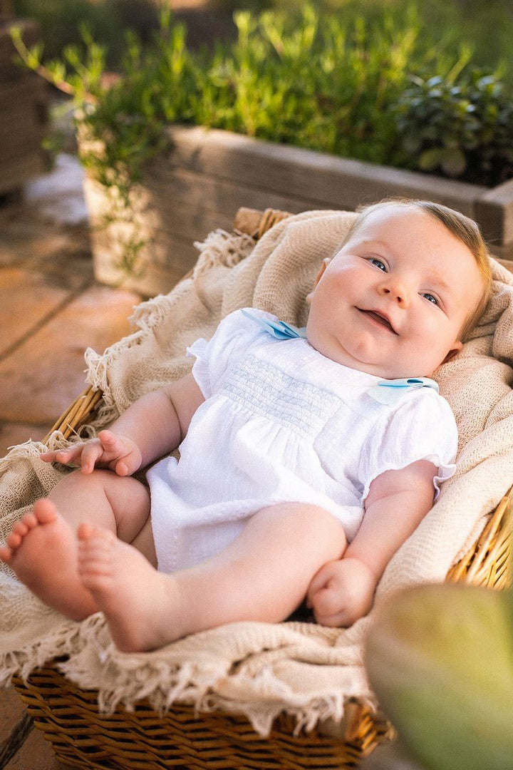 Mac Ilusión "Devon" White & Blue Smocked Romper | Millie and John