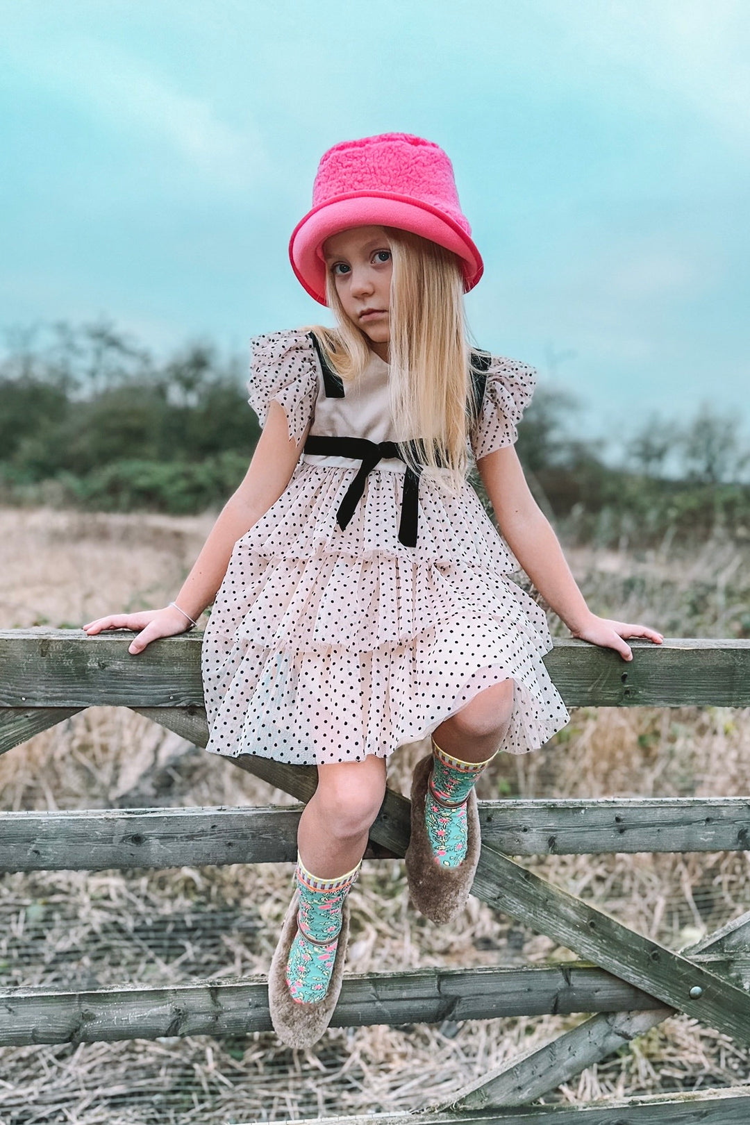 Phi "Celine" Stone Velvet Polka Dot Tulle Dress | Millie and John