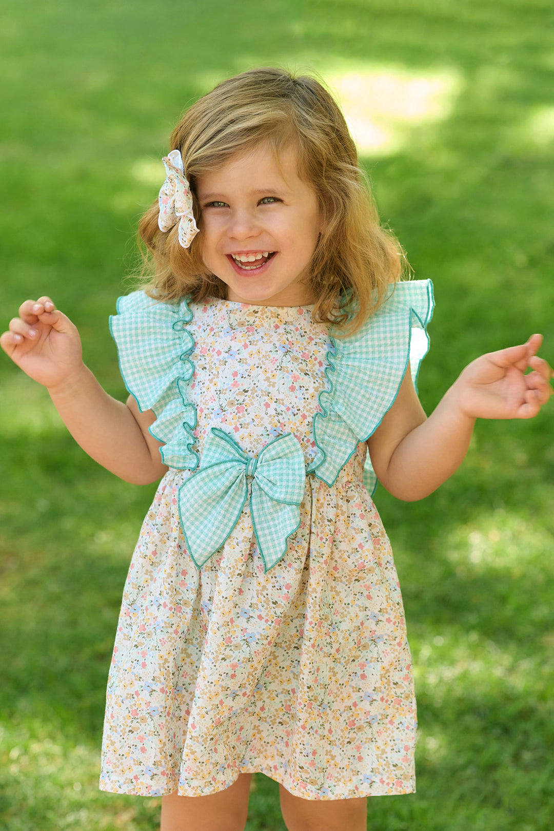 Rapife "Elodie" Apple Green Gingham Floral Dress & Bloomers | Millie and John