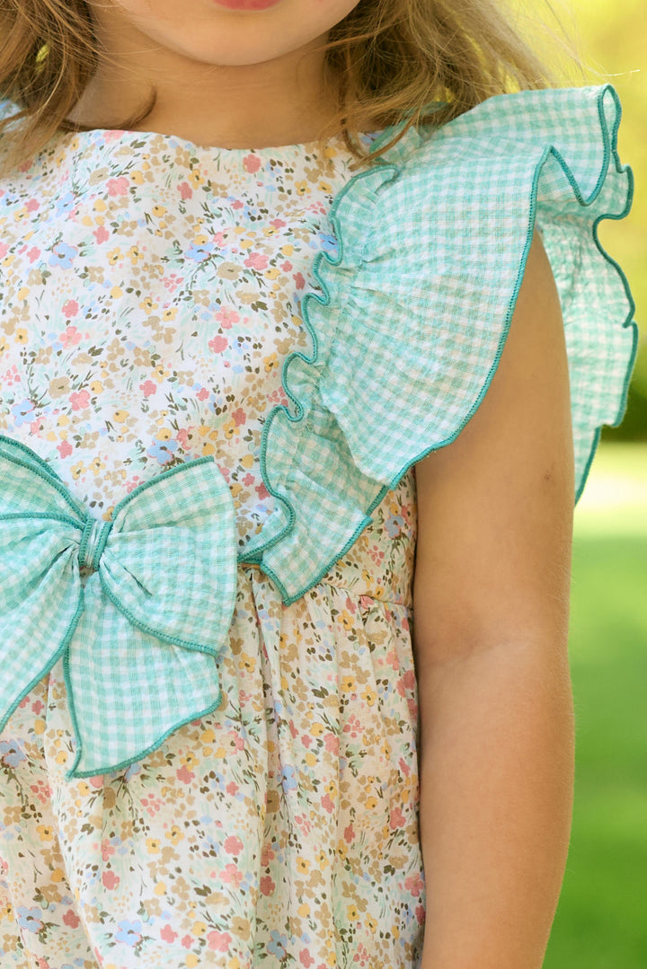 Rapife "Elodie" Apple Green Gingham Floral Dress & Bloomers | Millie and John