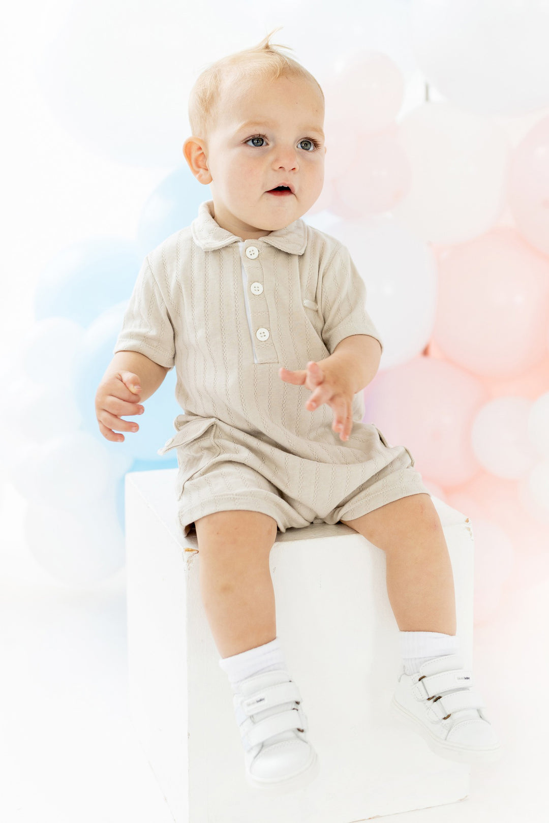 Blues Baby "Ozzy" Beige Cargo Pocket Romper | Millie and John