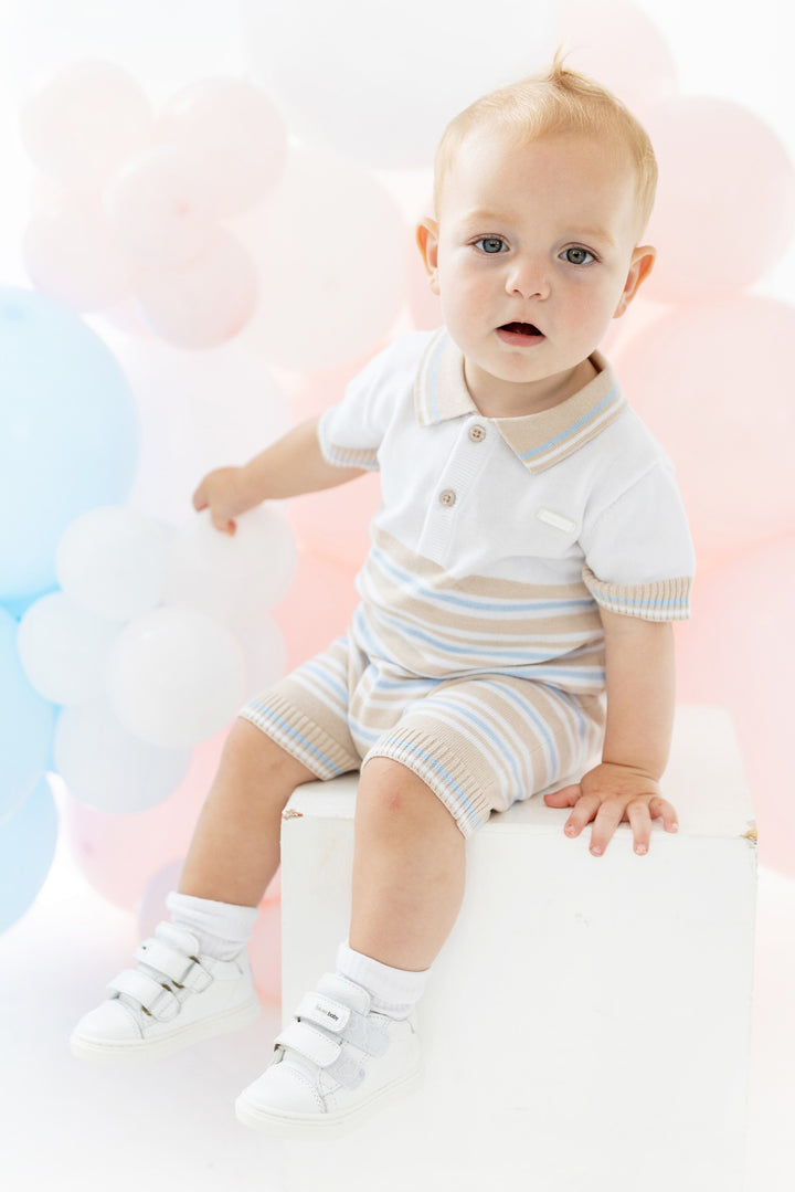 Blues Baby "Cassius" Beige & Blue Striped Knitted Romper | Millie and John