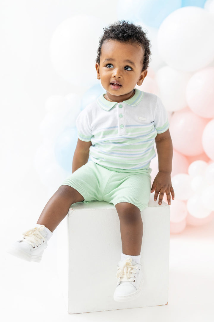 Blues Baby "Enzo" Mint & Blue Striped Knitted Polo Shirt & Shorts | Millie and John
