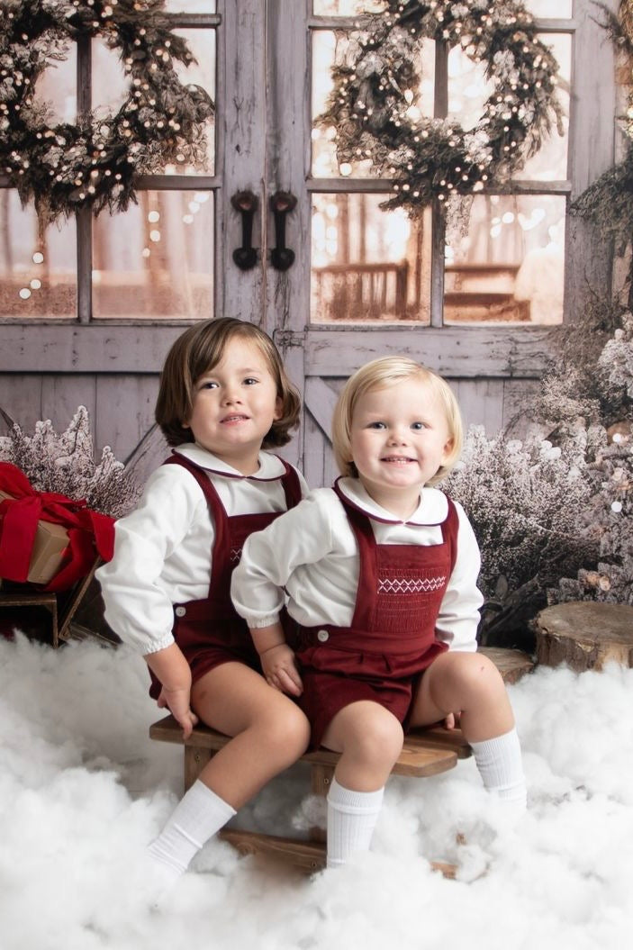 Fofettes "Francis" Burgundy Velvet Smocked Dungaree Set | Millie and John
