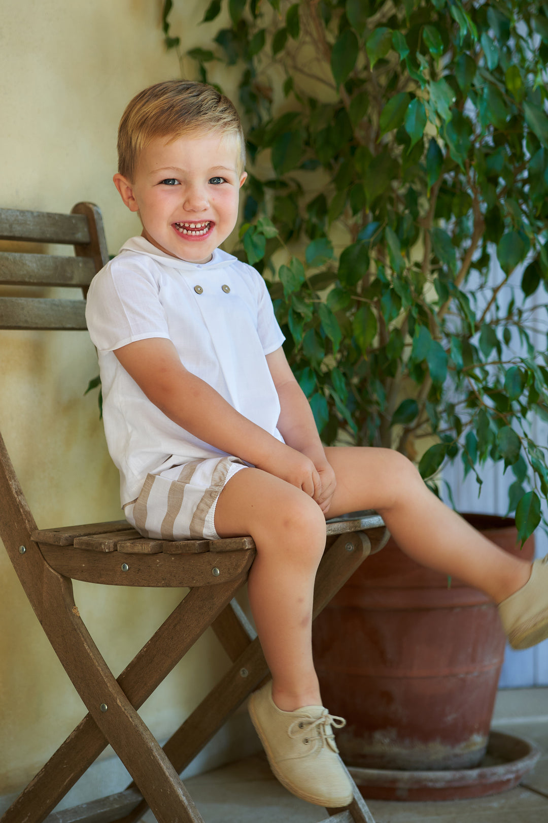 Rapife "Maddox" White Shirt Bodysuit & Beige Stripe Jam Pants | Millie and John