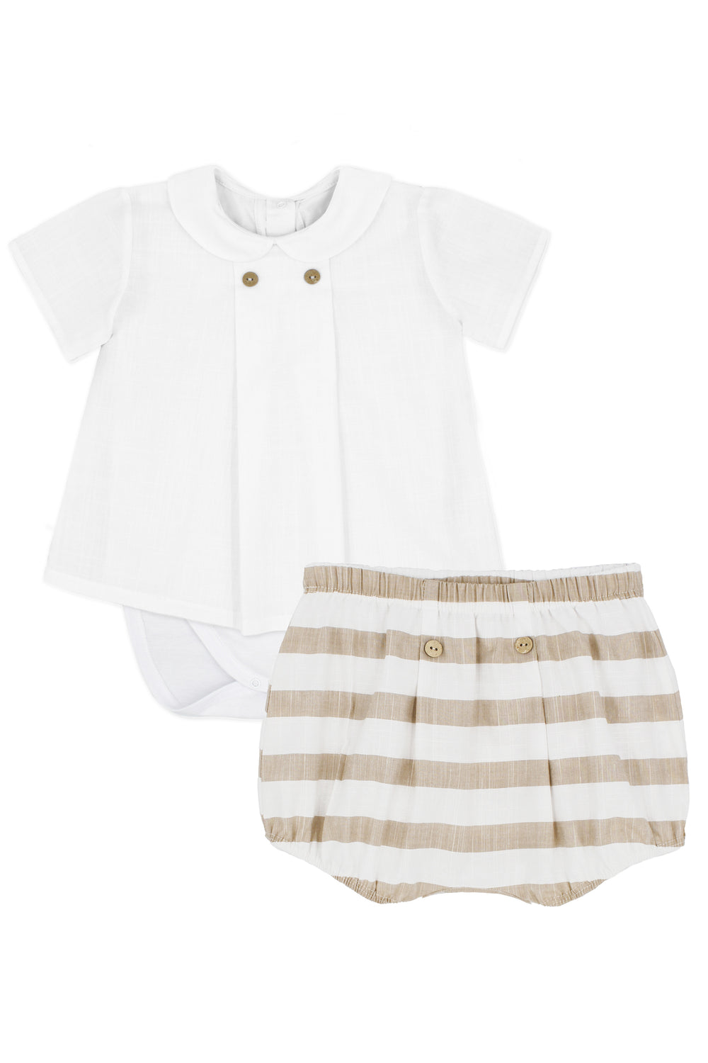 Rapife "Maddox" White Shirt Bodysuit & Beige Stripe Jam Pants | Millie and John