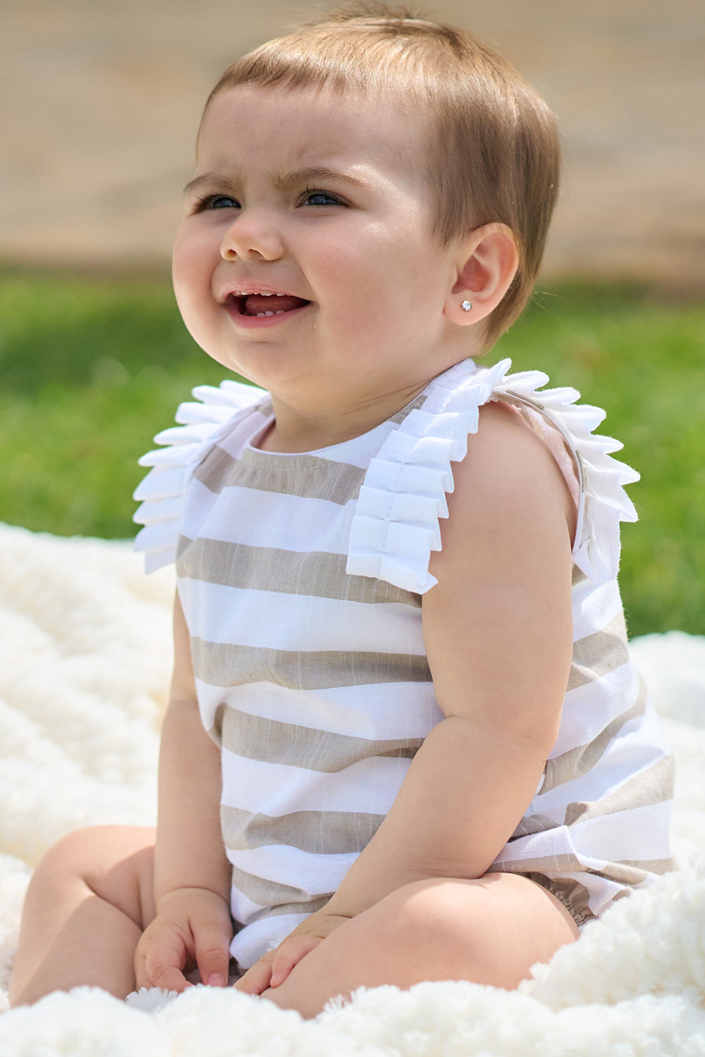 Rapife "Ella" Beige Striped Ruffle Romper | Millie and John