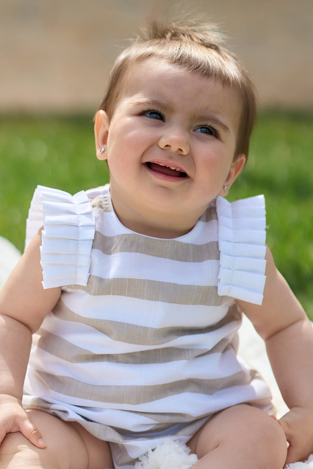 Rapife "Ella" Beige Striped Ruffle Romper | Millie and John