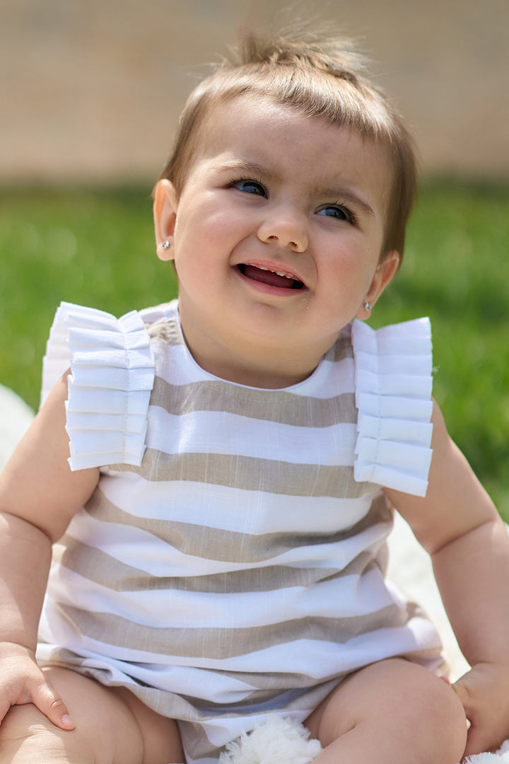 Rapife "Ella" Beige Striped Ruffle Romper | Millie and John