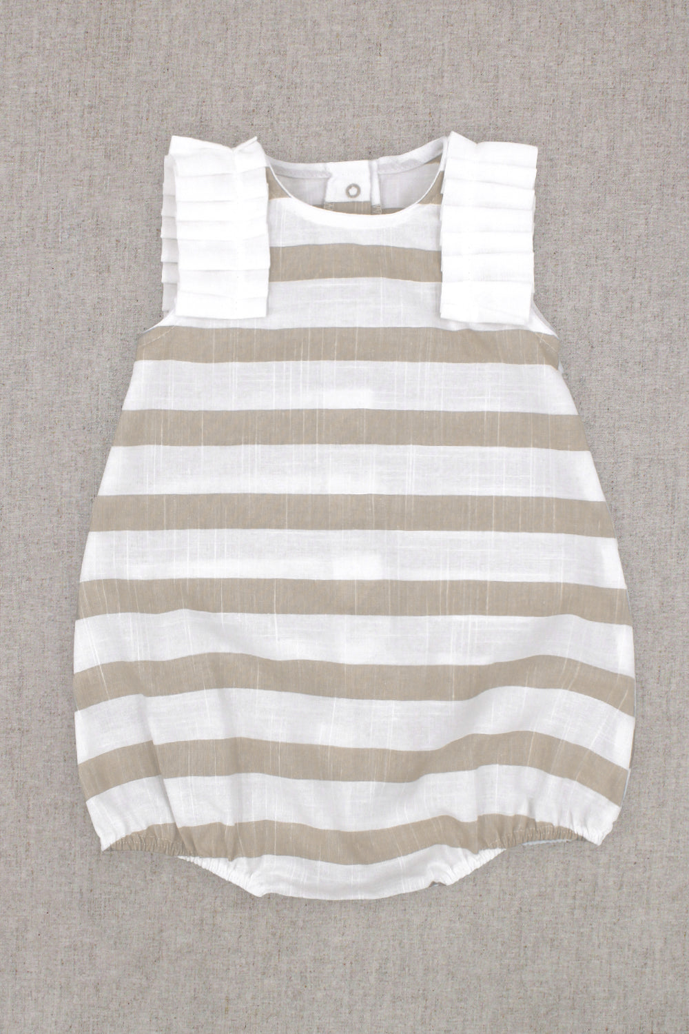 Rapife "Ella" Beige Striped Ruffle Romper | Millie and John