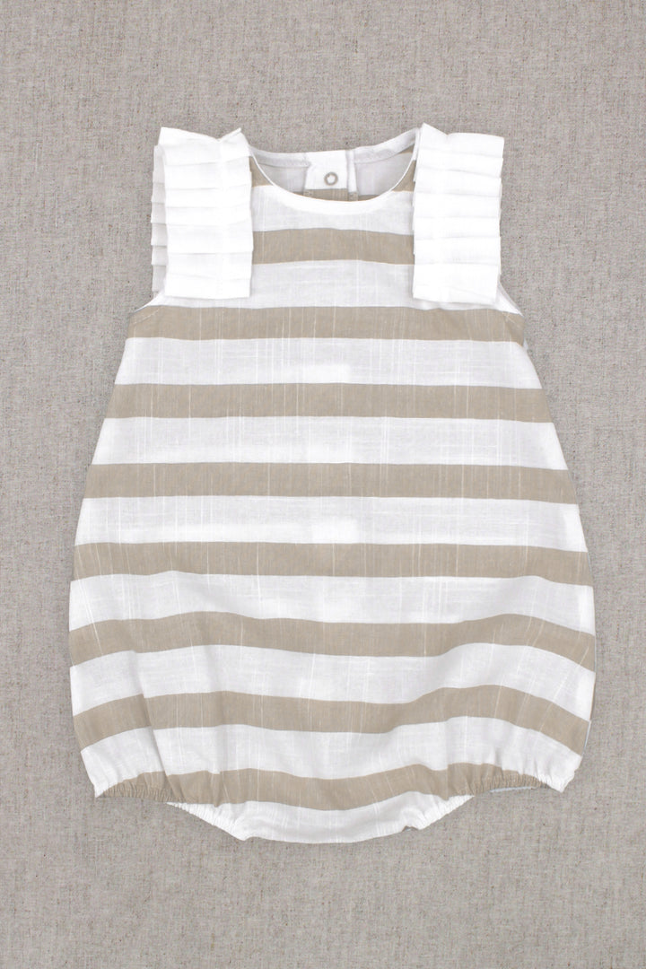 Rapife "Ella" Beige Striped Ruffle Romper | Millie and John