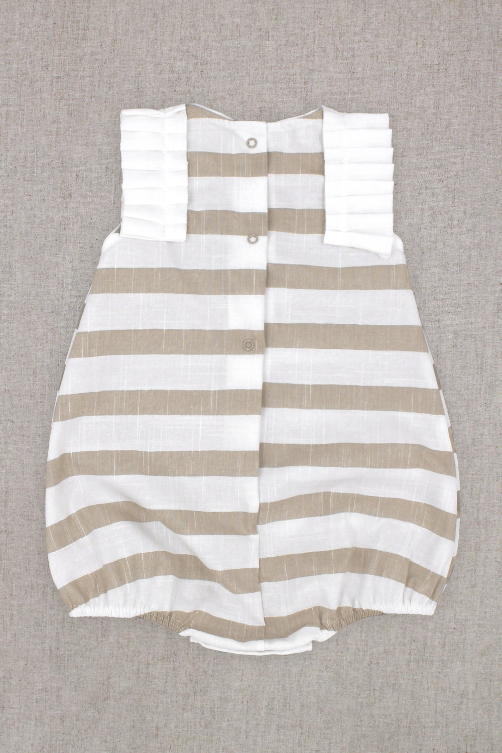 Rapife "Ella" Beige Striped Ruffle Romper | Millie and John