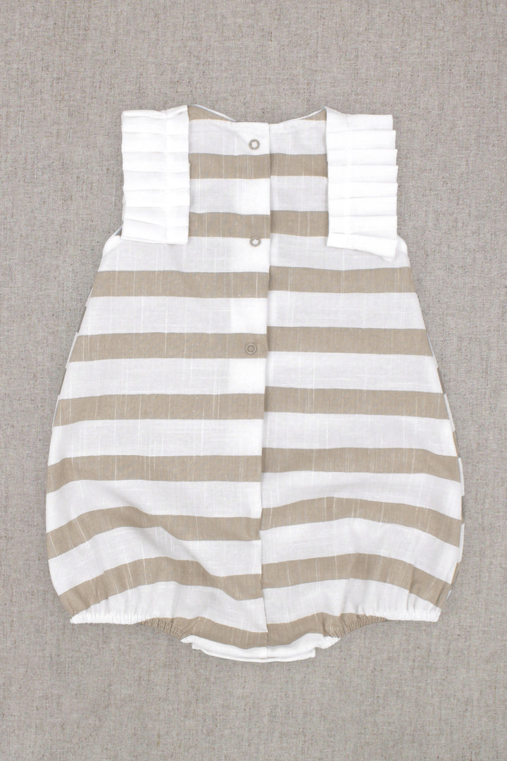Rapife "Ella" Beige Striped Ruffle Romper | Millie and John