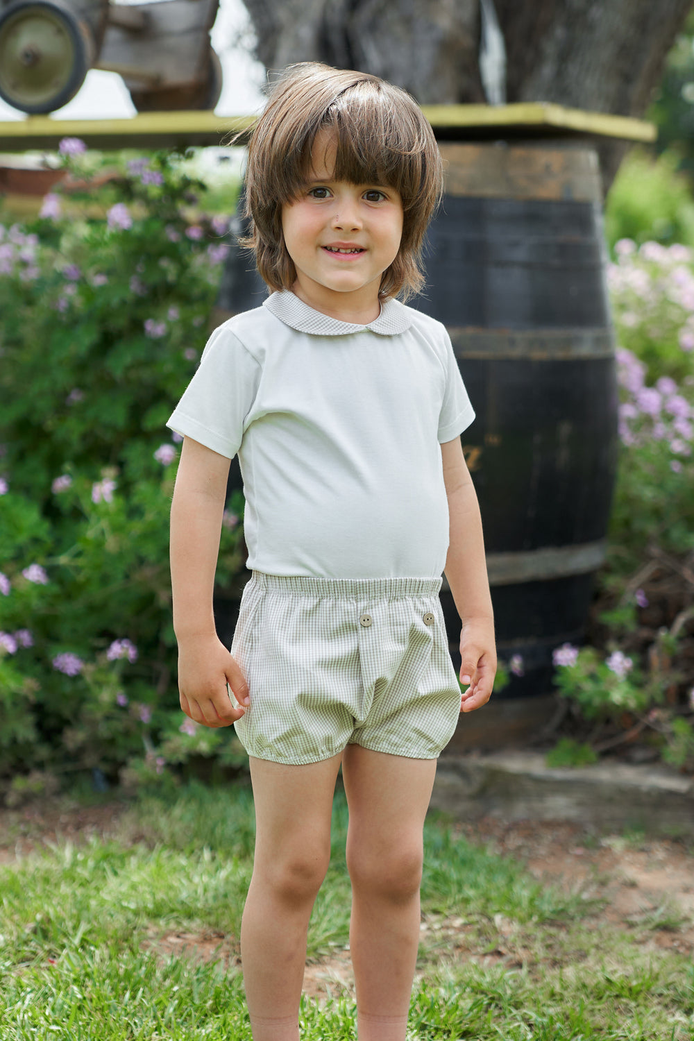 Rapife "Jaden" White Bodysuit & Beige Checked Jam Pants | Millie and John