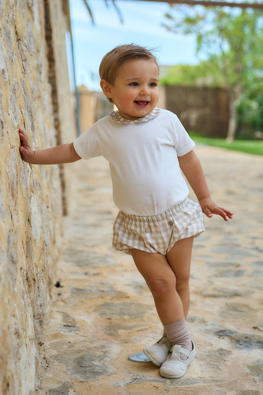 Rapife "Caspian" Beige Gingham Jam Pants & Bodysuit | Millie and John
