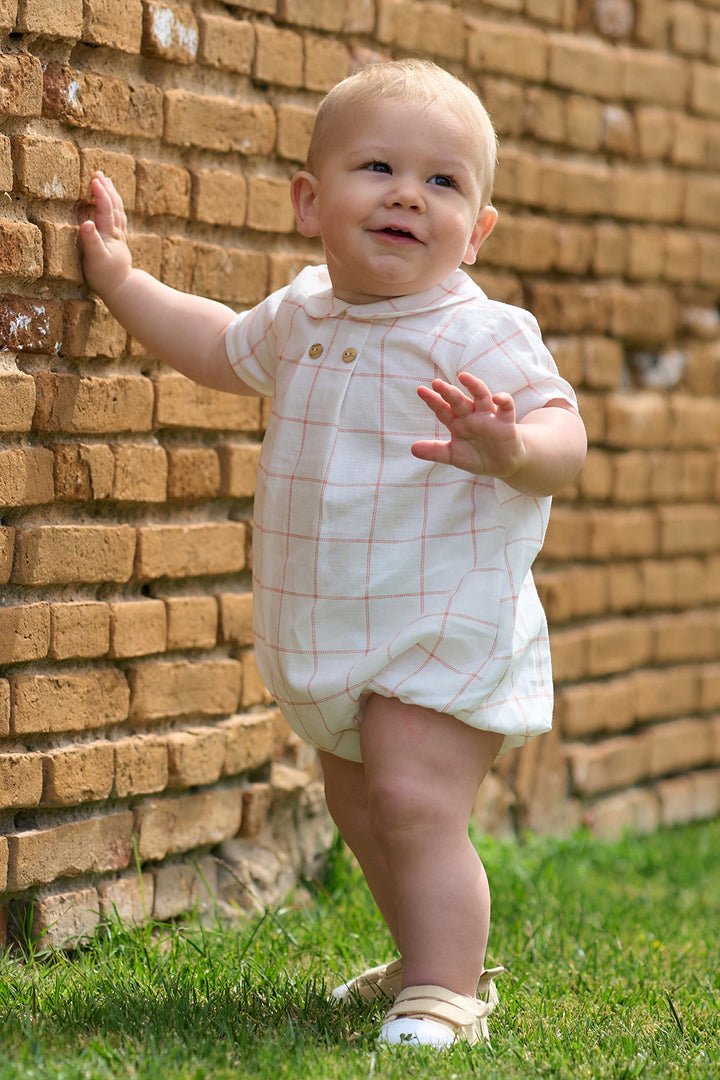 Rapife "Atlas" Ivory & Peach Checked Romper | Millie and John