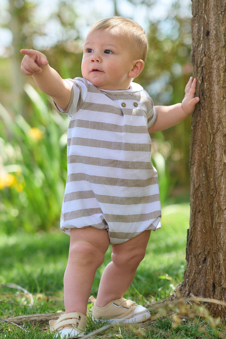 Rapife "Zachary" Beige Striped Romper | Millie and John