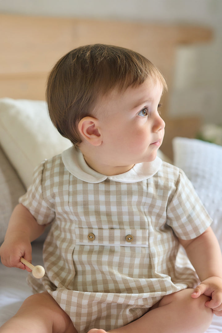 Rapife "Remy" Beige Gingham Romper | Millie and John