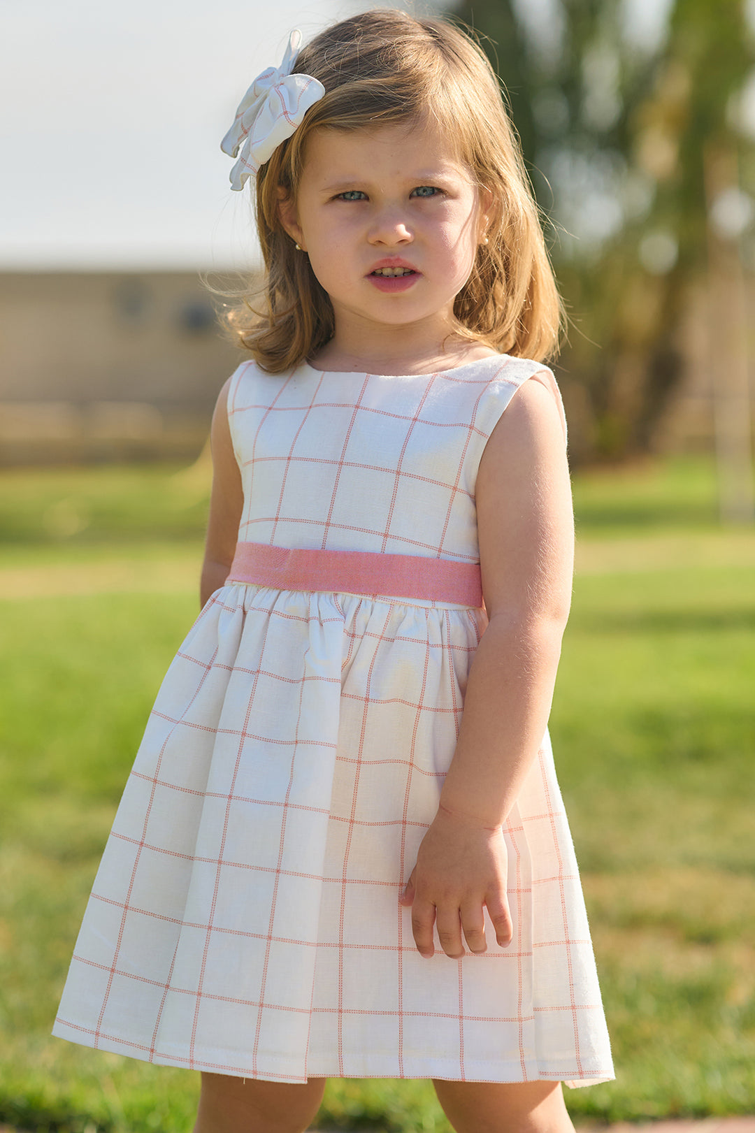 Rapife "Marlowe" Ivory & Peach Checked Dress | Millie and John