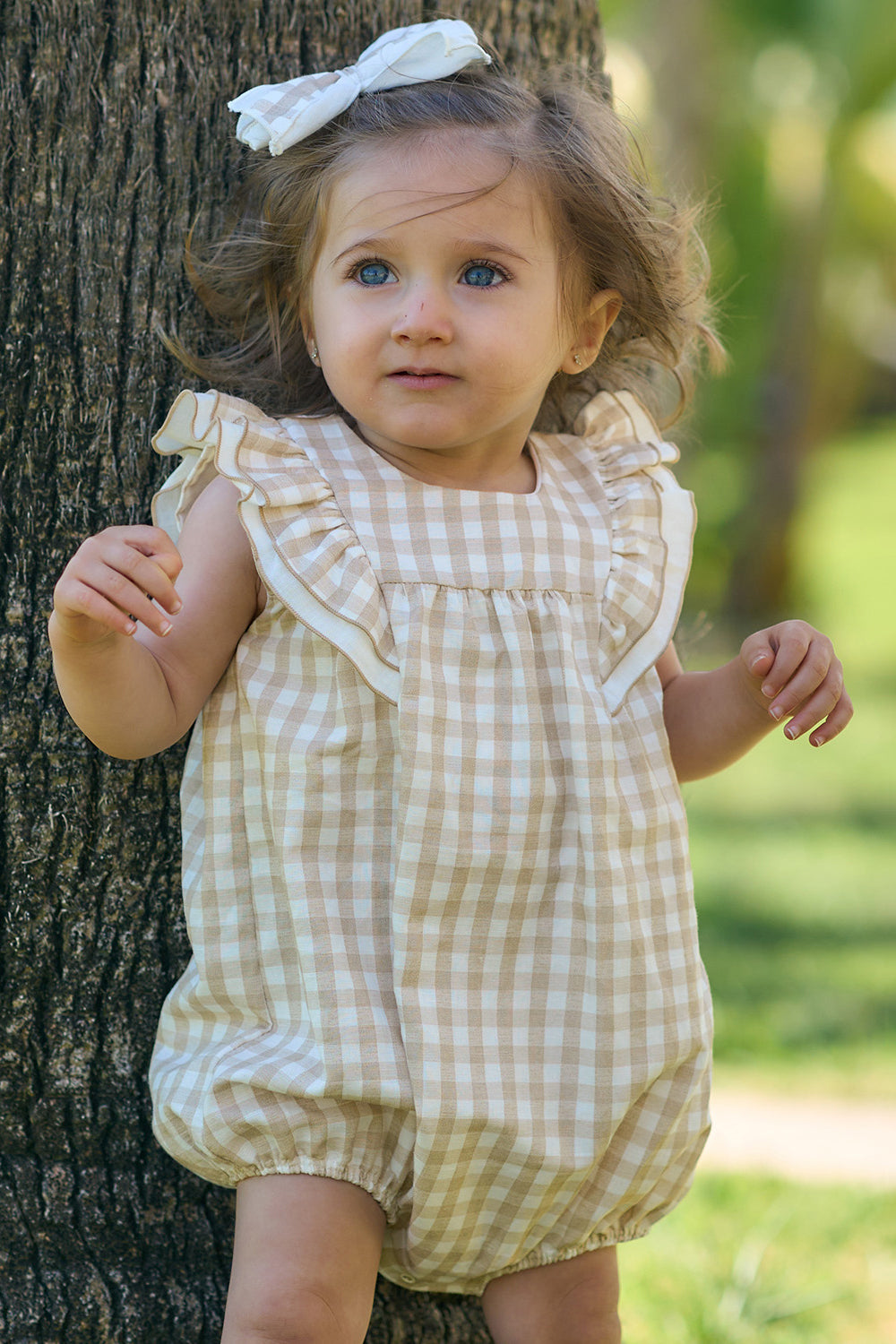 Rapife "Odette" Beige Gingham Romper | Millie and John