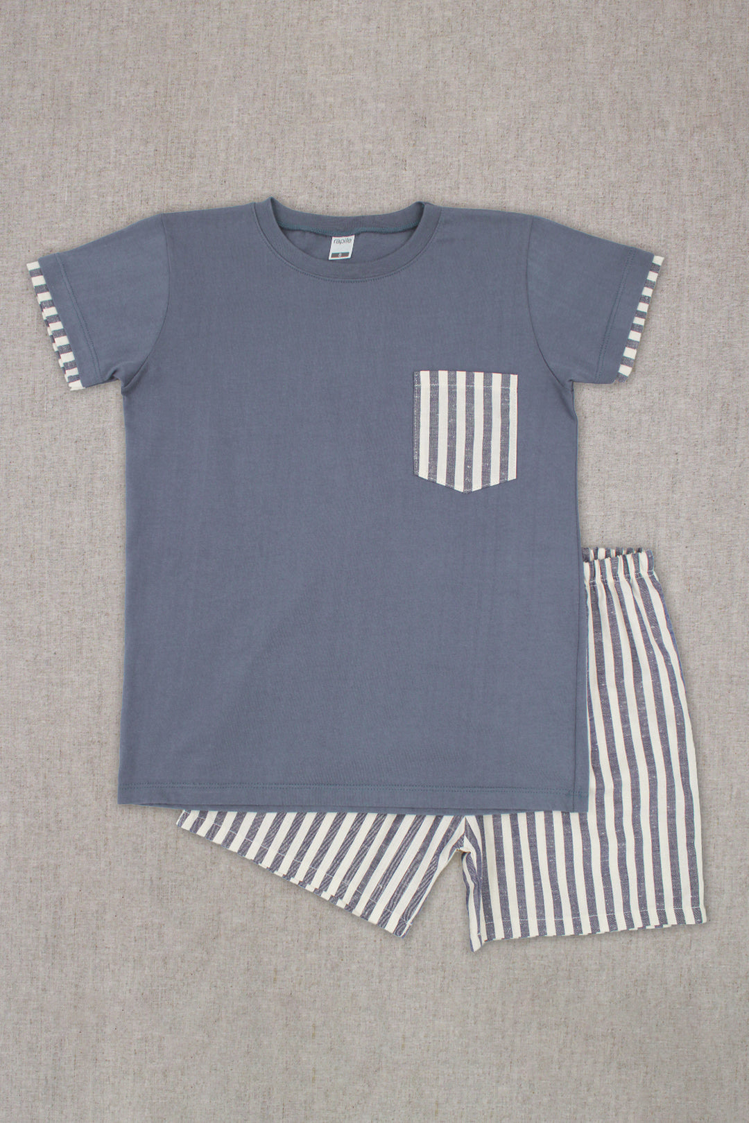 Rapife "Finnian" Dusky Blue Striped T-Shirt & Shorts | Millie and John