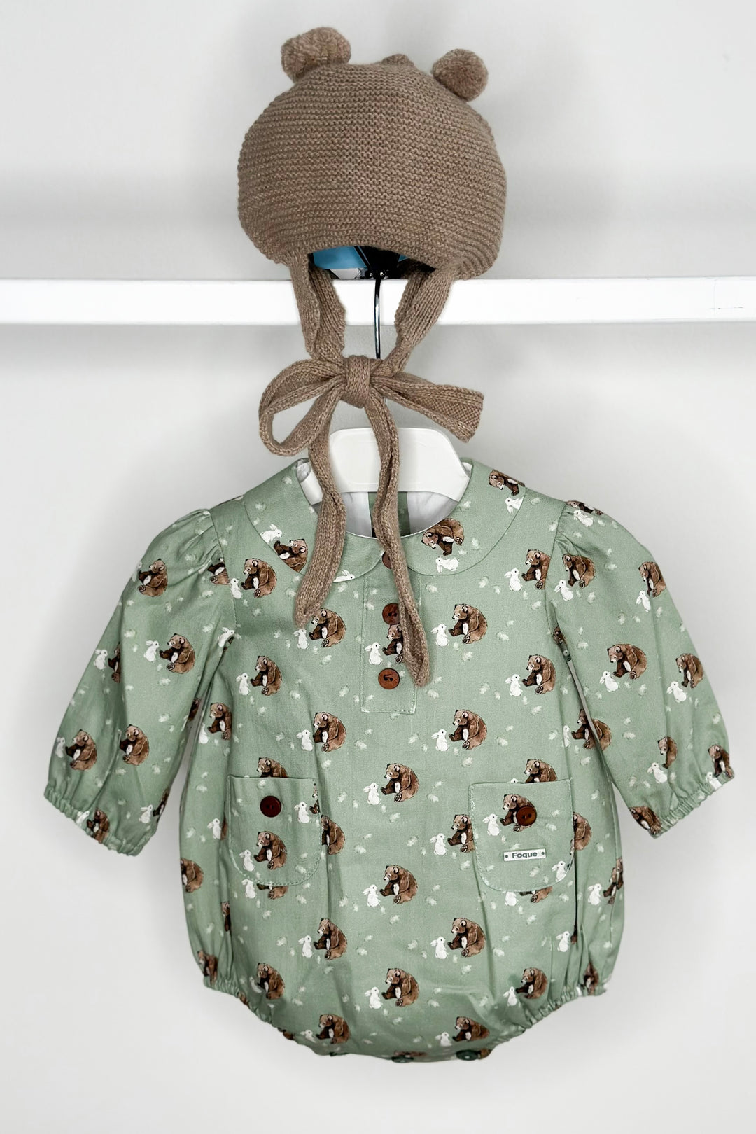 Foque "Alfred" Sage Green Bear Romper | Millie and John