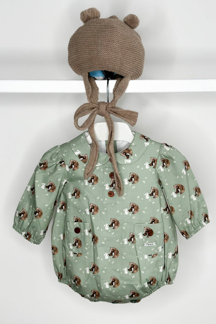 Foque "Alfred" Sage Green Bear Romper | Millie and John