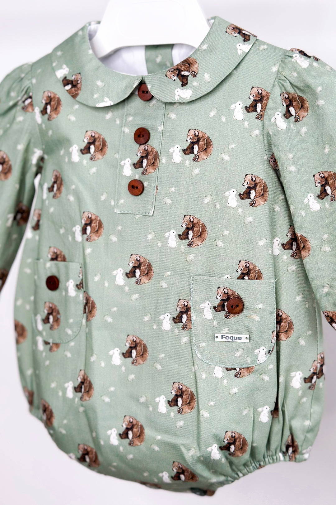 Foque "Alfred" Sage Green Bear Romper | Millie and John