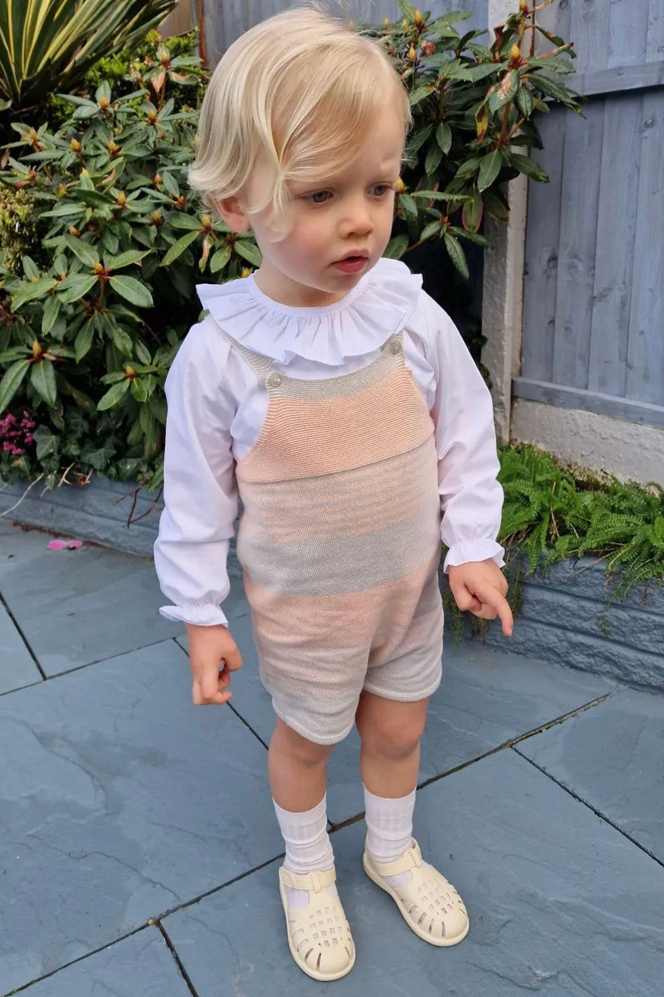 Granlei "Jovie" Stone & Peach Stripe Knit Dungarees | Millie and John
